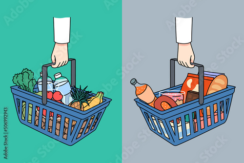 Shopping baskets with healthy and unhealthy food. Nutritious wholesome and harmful junk meal choice. Bad and good grocery abundance. Flat vector illustration. 