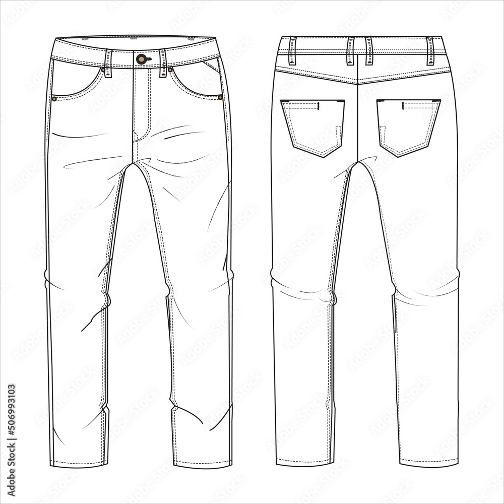 Denim Pant flat sketch design template. Men's denim long pant