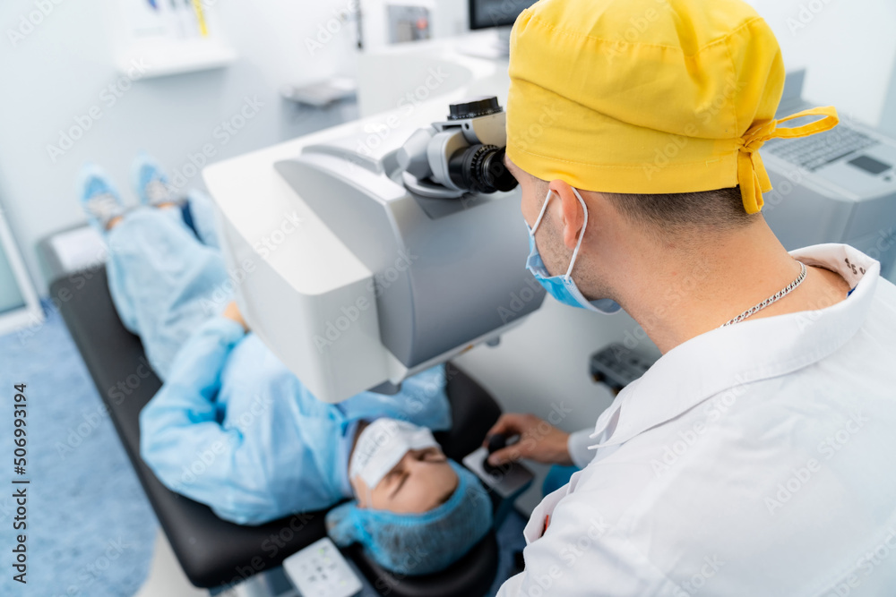 Microscope for ophthalmological eye correction. Laser eyesight operation.