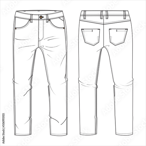 Denim Pant flat sketch design template. Men’s denim long pant Technical Fashion Illustration. Denim Pant technical sketch for tech pack design Front and Back View Vector 