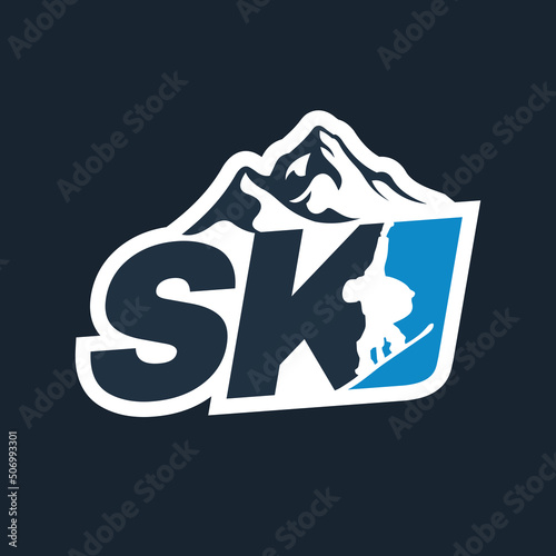 Ski club concept with skiers skiing downhill in high mountains. Retro badge vector ski club. Concept for shirt, print, stamp or tuning. Ski club typography design - stock vector.
