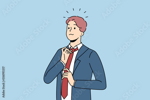 Young confident businessman in suit and tie feel successful and motivated. Self-confident male boss or CEO wearing formalwear show leadership qualities. Flat vector illustration. 