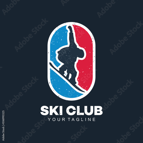 Ski club concept with skiers skiing downhill in high mountains. Retro badge vector ski club. Concept for shirt, print, stamp or tuning. Ski club typography design - stock vector.