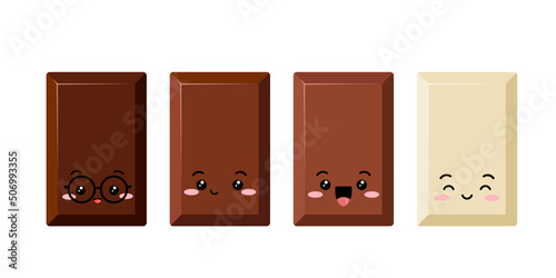 Cute rectangular chocolate bar piece kids emoji character vector set. Funny dark, bitter, milky and white choco chunk smill face. Kawaii cartoon style cacao sweet food morsel emoticon illustration