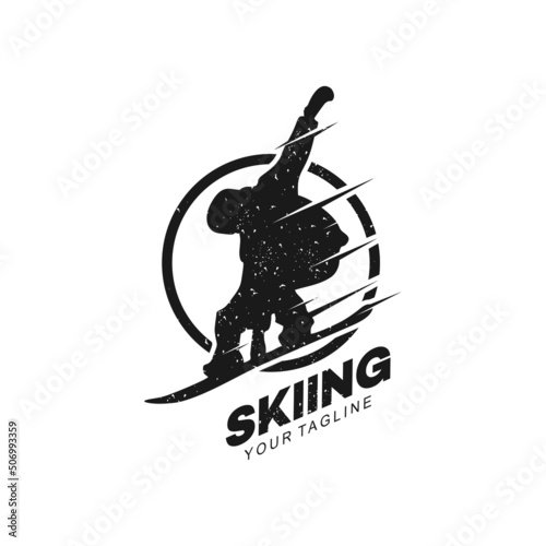Ski club concept with skiers skiing downhill in high mountains. Retro badge vector ski club. Concept for shirt, print, stamp or tuning. Ski club typography design - stock vector.