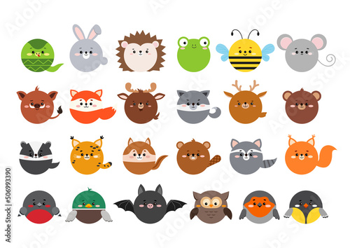 Circle forest animal facescute icon set isolated on white background. Cartoon round kawaii kids sticker character collection. Vector flat clip art animal pet illustration mobile ui game application.