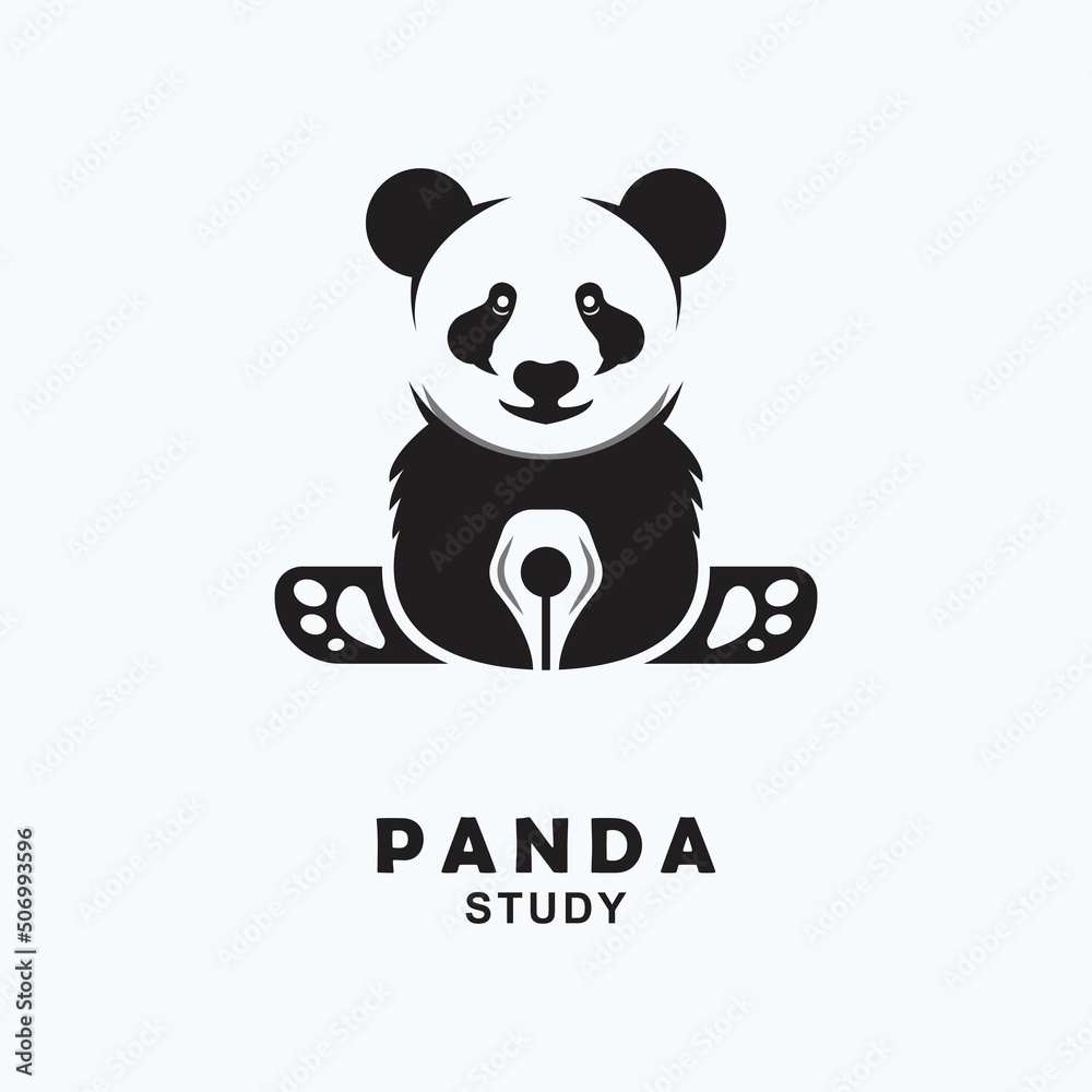 vector graphic illustration of a cute panda with a pen in the belly logo icon