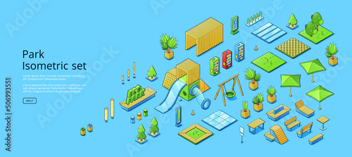 Park isometric set with green trees, grass, plants, wooden benches and umbrellas. Vector banner of city public garden, eco park with solar panels, vending machines and playground