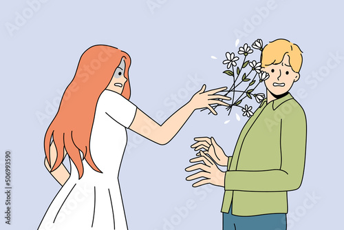 Angry woman throw flowers bouquet to man face distressed with bad date. Unhappy mad female reject male lover or admirer. Relationships end and breakup concept. Vector illustration. 
