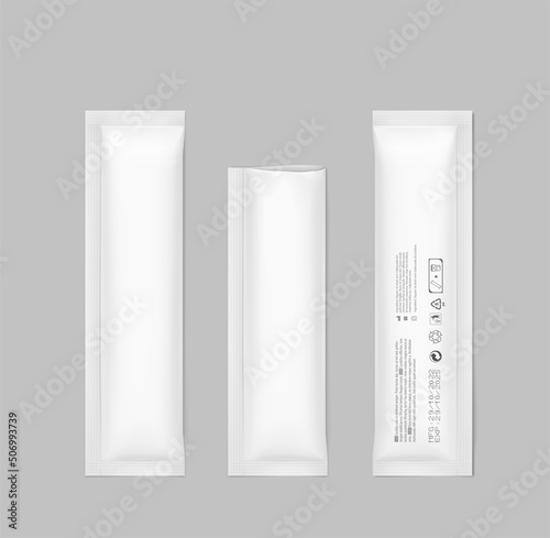 Realistic three side seal stick mockup for products. Possibility use for granulated, powder or liquid products. Vector illustration. EPS10.	
