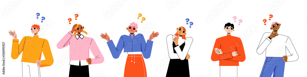 Diverse wondering people with question marks. Vector flat illustration of thoughtful women and men, doubt, unsure characters in pose with hand on chin, head, shrug Diverse wondering people with question marks. Vector flat illustration of thoughtful women and men, doubt, unsure characters in pose with hand on chin, head, shrug