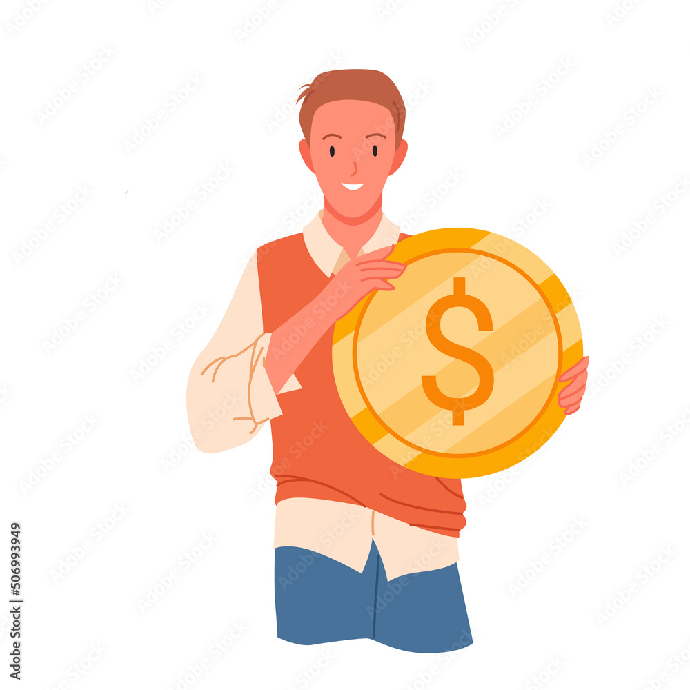 Man holding big gold dollar coin vector illustration. Cartoon happy male character standing, giving or taking cash money isolated on white. Budget, financial donation, cashback or payment concept Man holding big gold dollar coin vector illustration. Cartoon happy male character standing, giving or taking cash money isolated on white. Budget, financial donation, cashback or payment concept