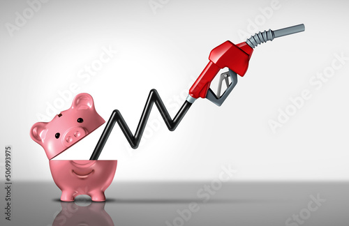 Gas price climb with a fuel pump as an economic challenge or rising car fueling prices and oil increase concept with an open piggy bank with 3D illustration elements.