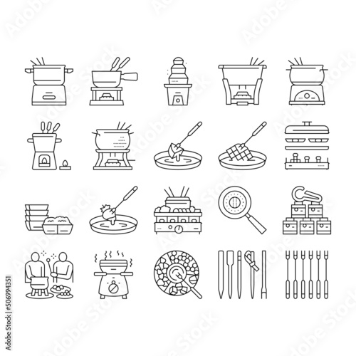 Fondue Cooking Delicious Meal Icons Set Vector
