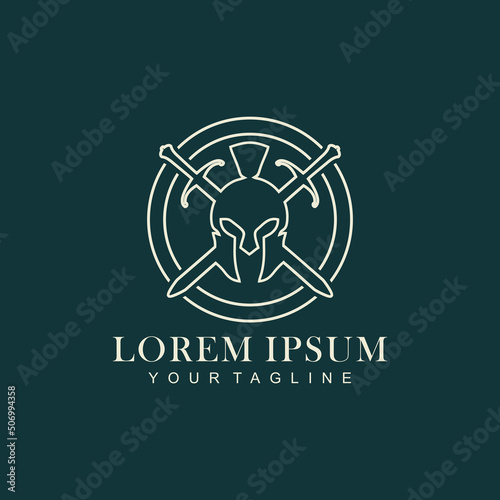 spartan logo and vector design helmet head with sword and shield