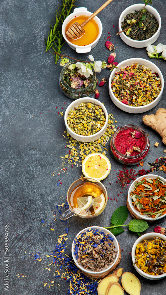 Herbal tea assortment on dark background. Herbal tea assortment on dark background.