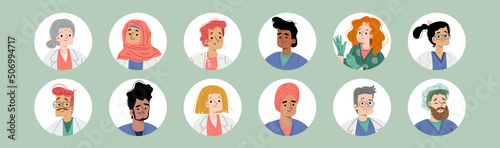 Avatars of doctors and nurses, diverse people in medical uniform. Vector flat illustration of professional medic characters faces, portraits of hospital or clinic staff