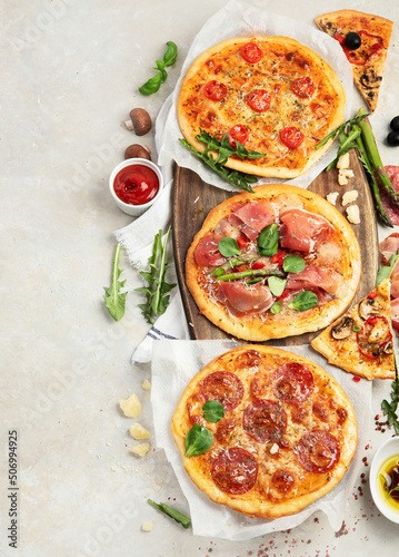 Set of delicious homemade pizzas.