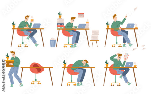 Man office employee work with laptop. Concept of job, deadline, procrastination, dismissal. Vector flat illustration of workplace with worker character busy, lazy, eating, sleeping and fired