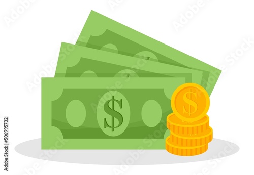 coins and dollars. Gold coins stack concept illustration in flat style. treasure of gold wealth with bright sparkles, money gold coins stacks concept of savings and dividends