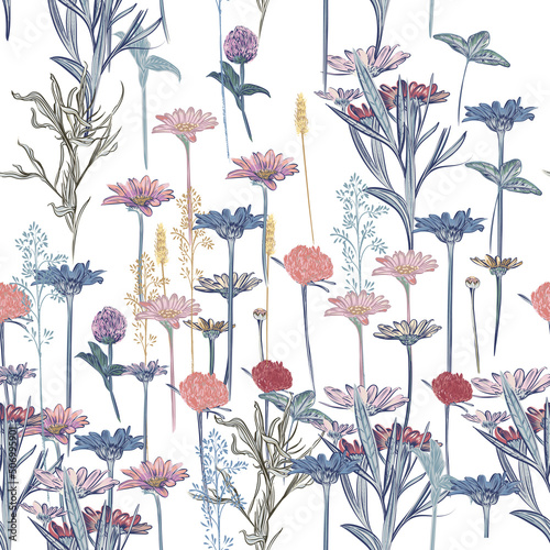 Floral vector seamless pattern with field daisy flowers in vintage style