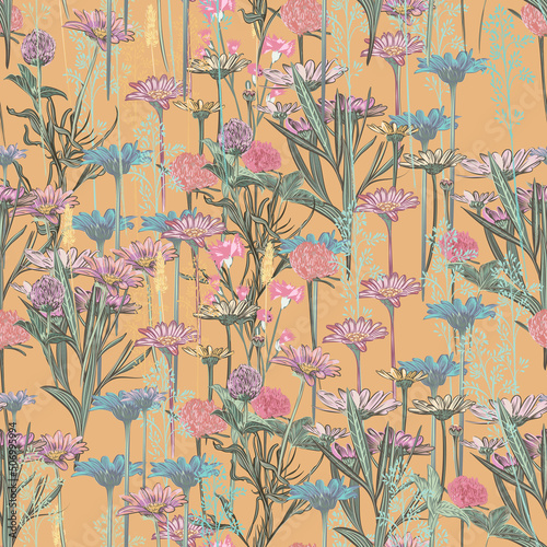 Floral vector seamless pattern with wild daisy flowers in vintage style