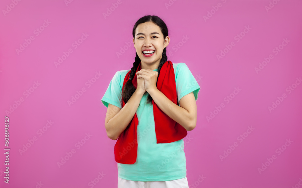 Photo of Happy Asian Girl isolated pink background, sport concept Photo of Happy Asian Girl isolated pink background, sport concept