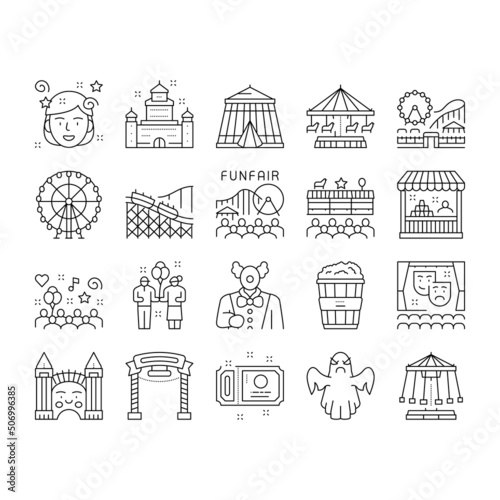 Amusement Park Entertainment Icons Set Vector