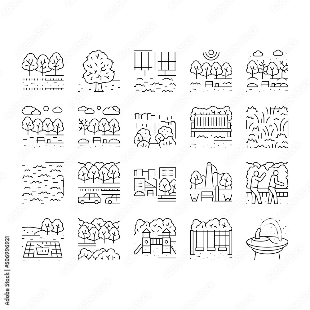 Park Meadow Nature And Playground Icons Set Vector