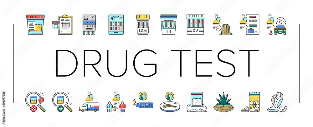 Drug Test Examination Device Icons Set Vector - obrazy, fototapety, plakaty 