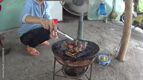 Vietnamese girl is cooking radiated ratsnake (Coelognathus radiatus) for dinner in Vietnam. photo