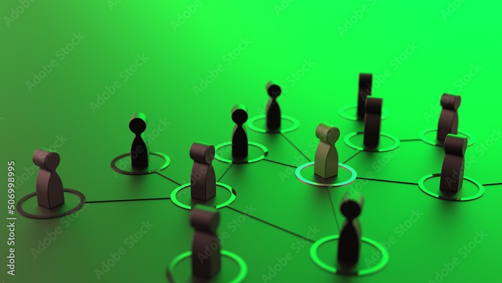 Chain of red human figurines connected by black lines under green-red lighting. Cooperation and interaction between people and employees. Dissemination of information in society, rumors. 3D CG. Chain of red human figurines connected by black lines under green-red lighting. Cooperation and interaction between people and employees. Dissemination of information in society, rumors. 3D CG.