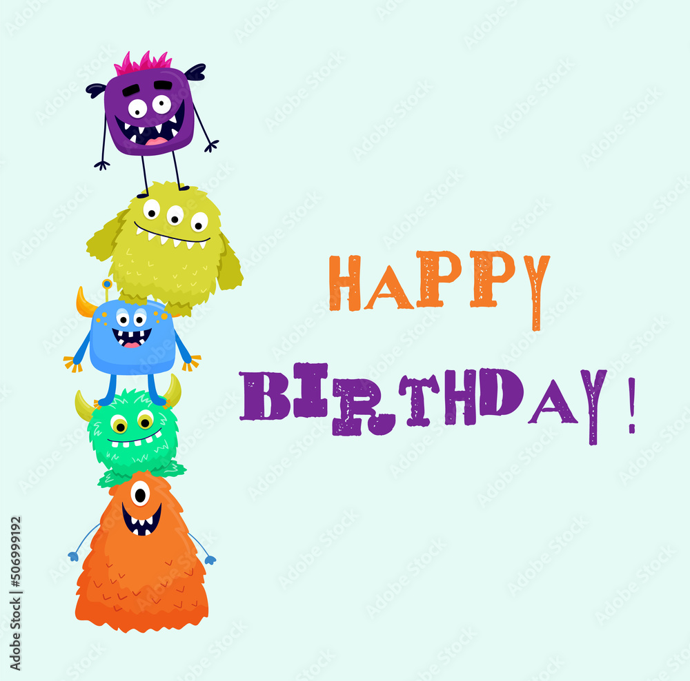 Fototapeta premium Happy birthday card with cute monsters. Funny greeting for boy and girl. Vector illustration on blue background