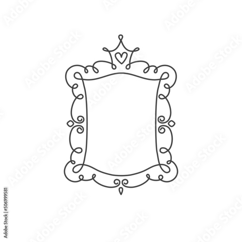 Princess frame. Royal mirror frame and majestic prince doodle border. Cute crown border. Outline vector illustration. 