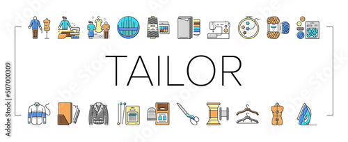 Tailor Worker Sewing Occupation Icons Set Vector