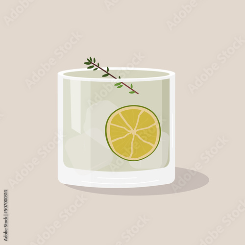 Gin Tonic Cocktail with ice. Summer aperitif garnished with slice of lime and green herb sprig retro poster. Minimalist print with alcoholic beverage isolated on background. Vector flat illustration.