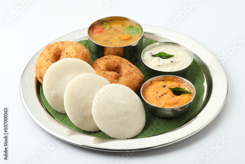 idli vada with sambar , sambhar also called medu wada rice cake photo