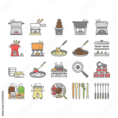 Fondue Cooking Delicious Meal Icons Set Vector