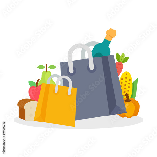 Paper bags with healthy organic fresh and natural food. Grocery delivery concept illustration.