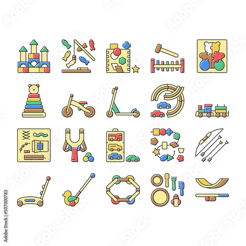 Wooden Toy For Children Play Time Icons Set Vector
