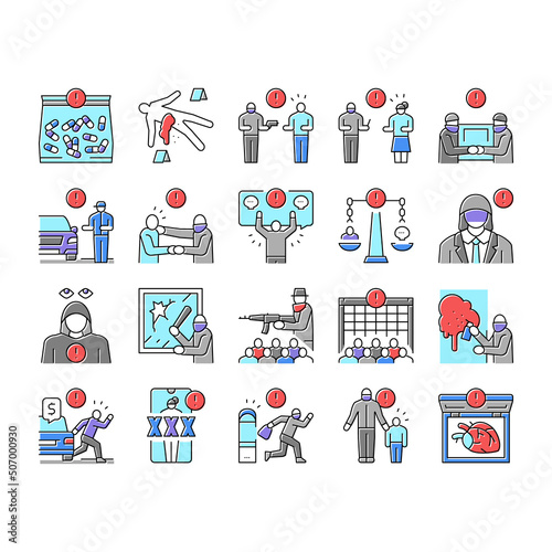 Crime Bandit Illegal Actions Icons Set Vector