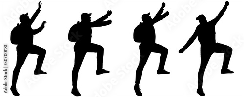 A man in a cap, in a tracksuit, and with a backpack on his back. The character is suitable for motion animation. Rescuer. The rescue. Four black male silhouettes are isolated on white background	