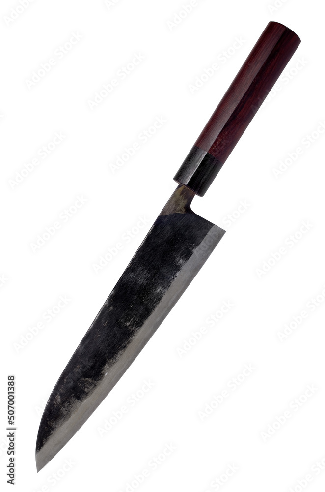 Fototapeta premium Japanese knife with red wooden handle isolated on white background.