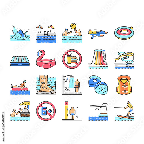 Water Park Attraction And Pool Icons Set Vector