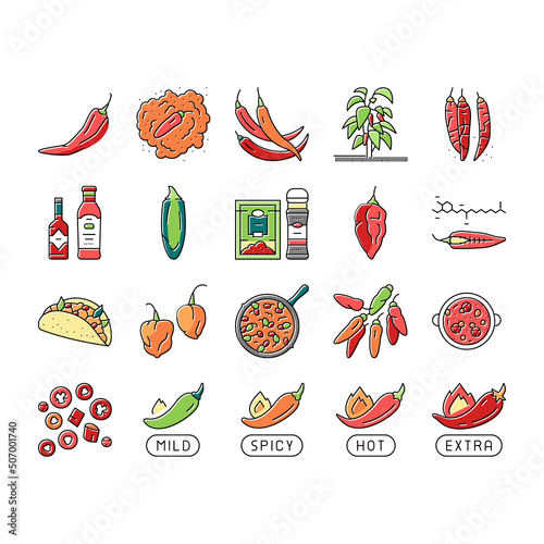 Chili Spicy Natural Vegetable Icons Set Vector