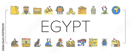 Egypt Country Monument Excursion Icons Set Vector