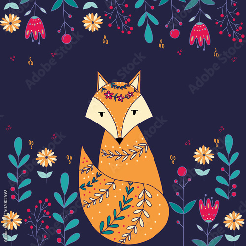 Folk vector card with colorful fox and bright flowers. Cute foxy 