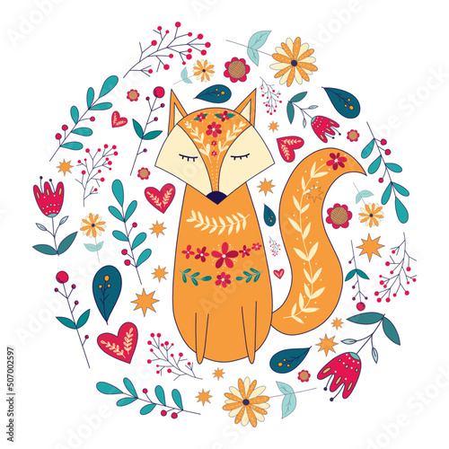 Folk vector card with colorful fox and bright flowers. Cute foxy 