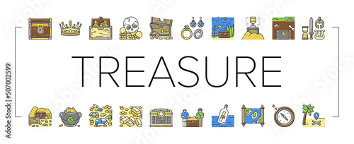 Treasure Golden Jewels In Chest Icons Set Vector