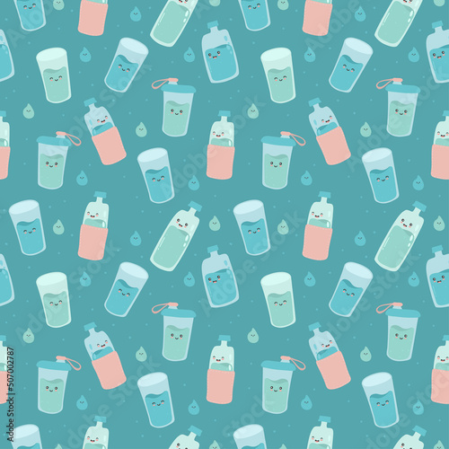 Seamless pattern with cute happy funny bottles and glasses. vector cartoon kawaii character water. Drink more water every day concept.